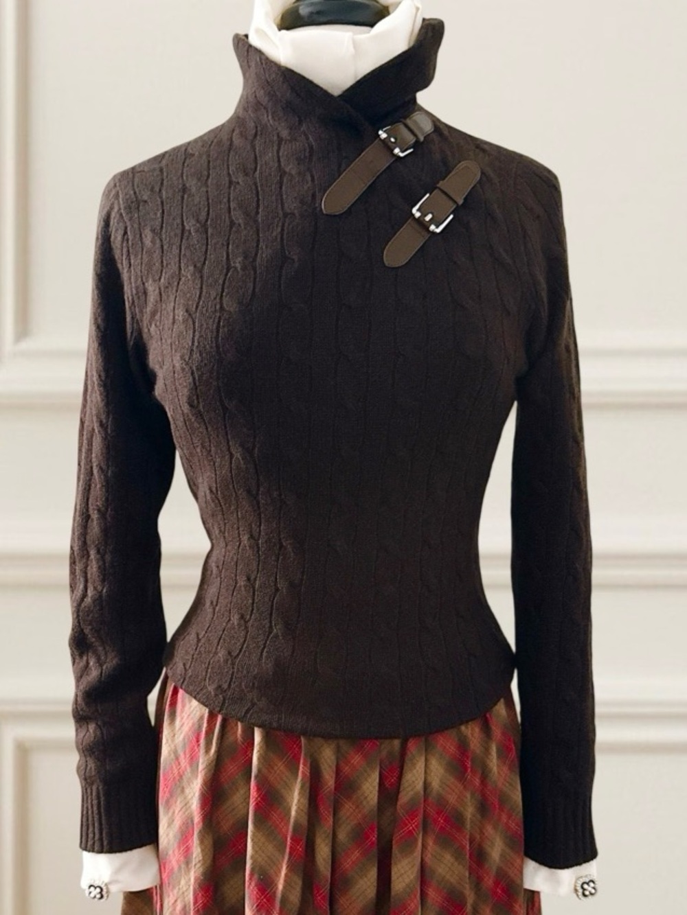 Ralph Lauren Brown Cashmere Sweater Cable Knit Lamb Leather Buckle Funnel Neck